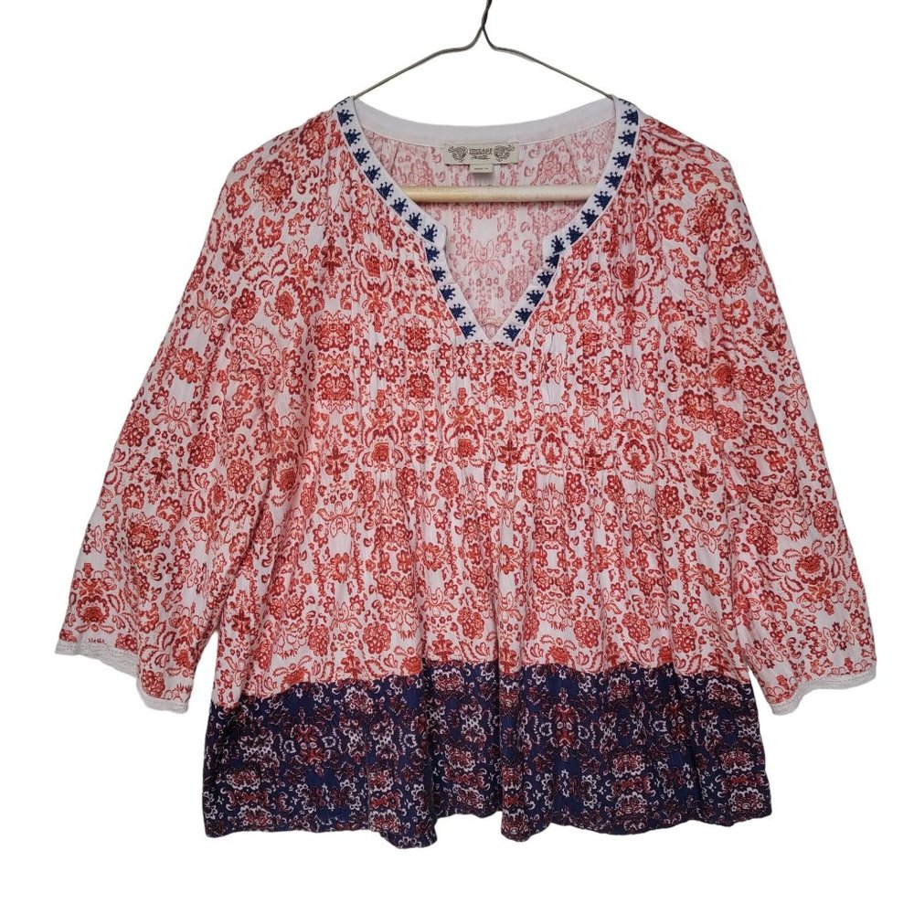 🤩Women's Top M Vintage America White Peasant Embroidered V Neck Boho Cotton